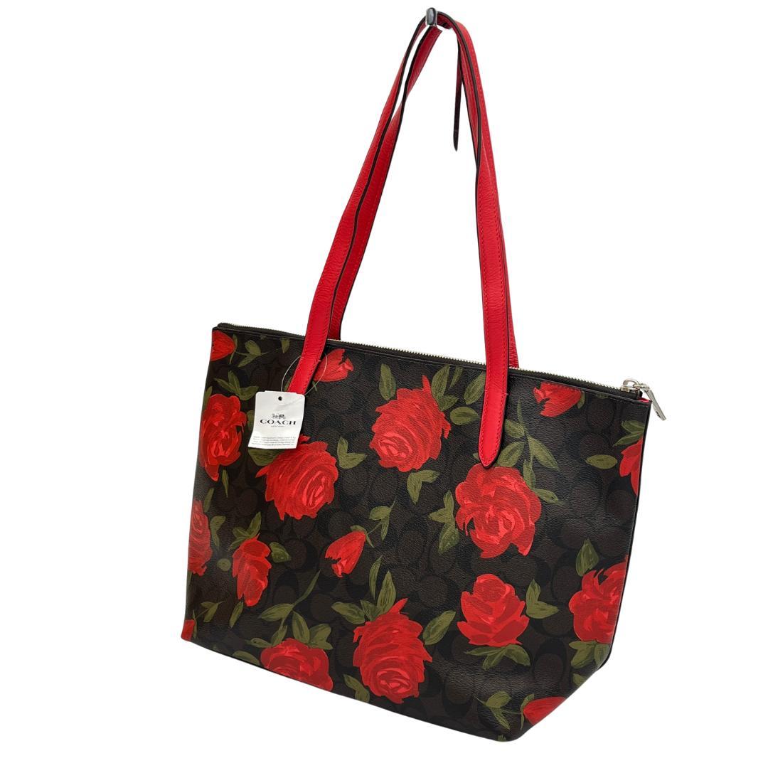 COACH コーチ トートバッグ シグネチャー ローズプリント 赤花 レッド系