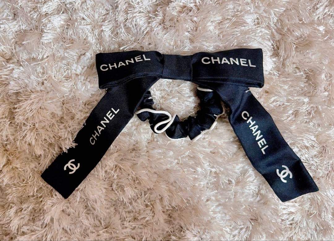 CHANEL☆美品 リボン型シュシュ(ヘアゴム) ブラック シャネル ヘアアクセ