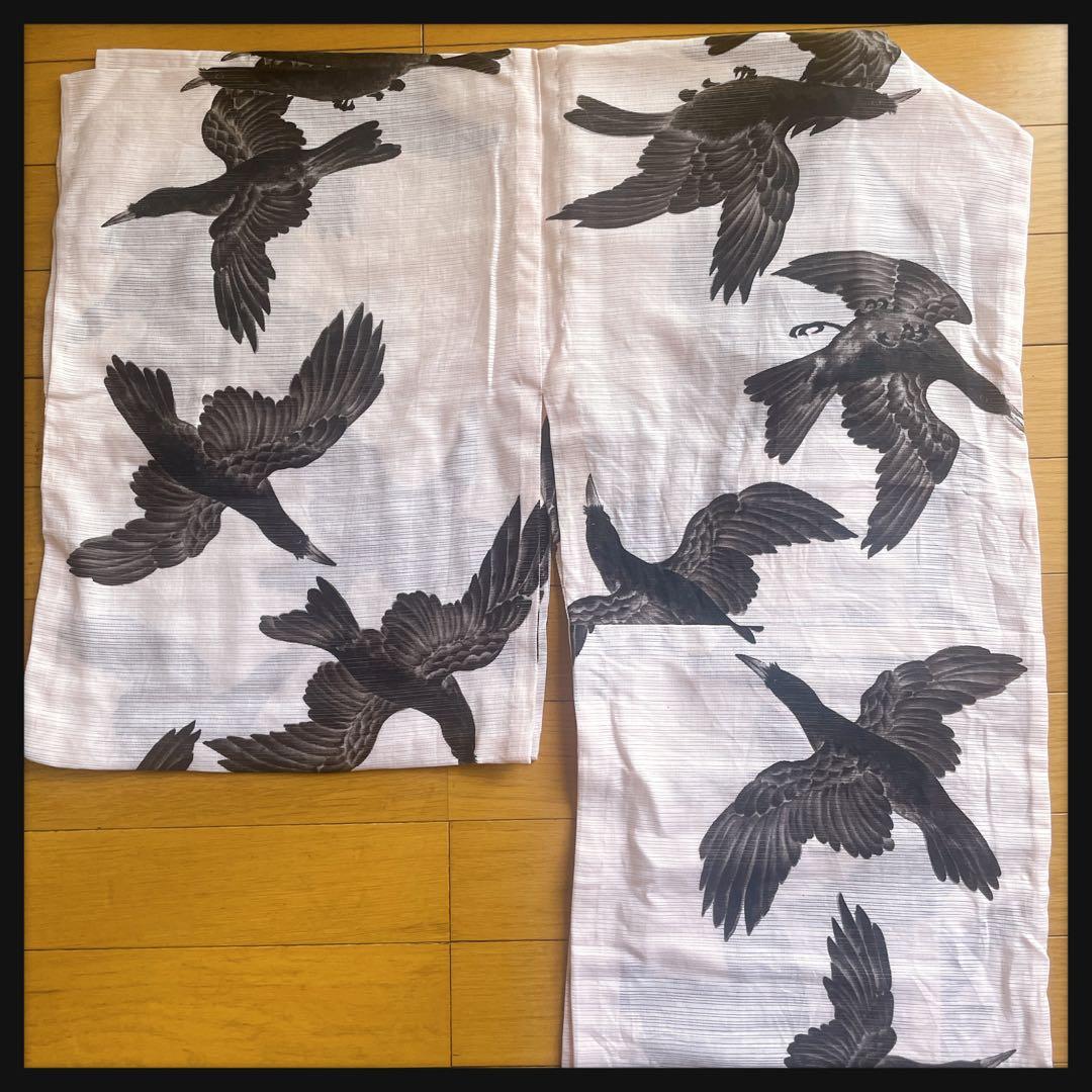 希少 老舗 京都 岡重 八咫烏 綿 絽 ピンク カラス 浴衣 和装 高級ゆかた