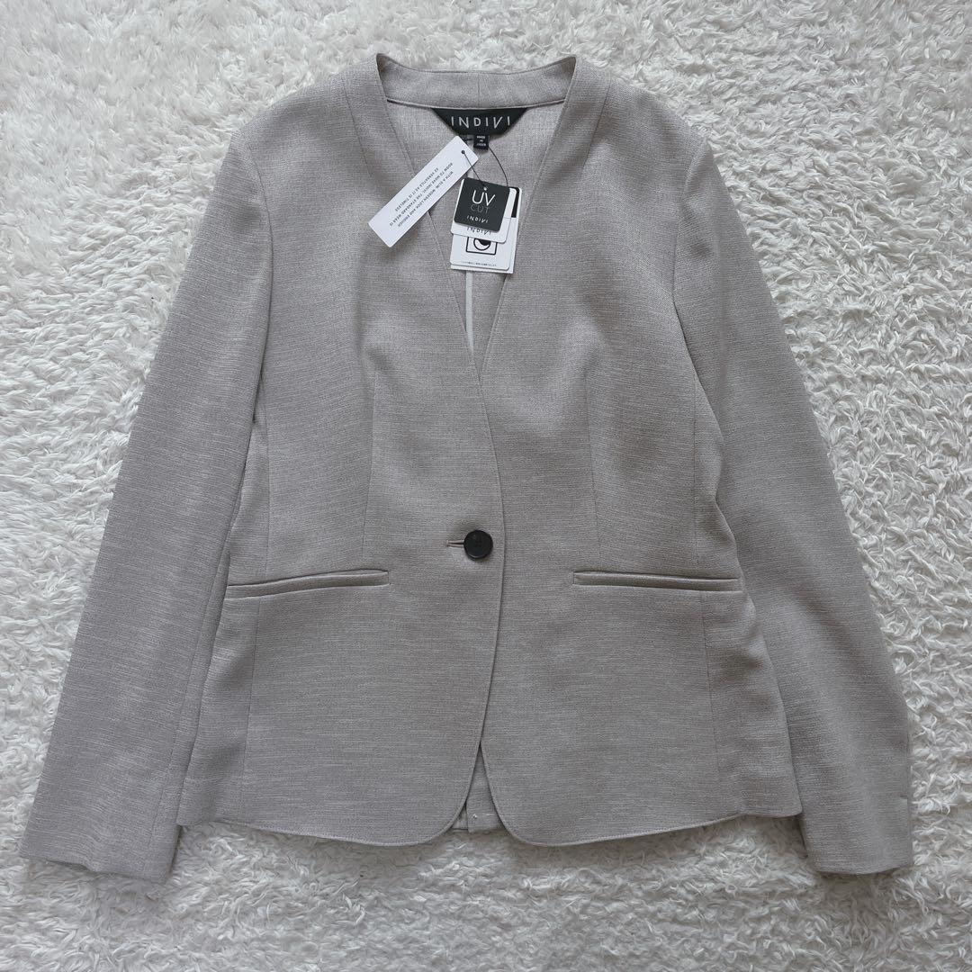 未使用 インディヴィ リネン風ノーカラーパンツ スーツ 洗濯可 INDIVI