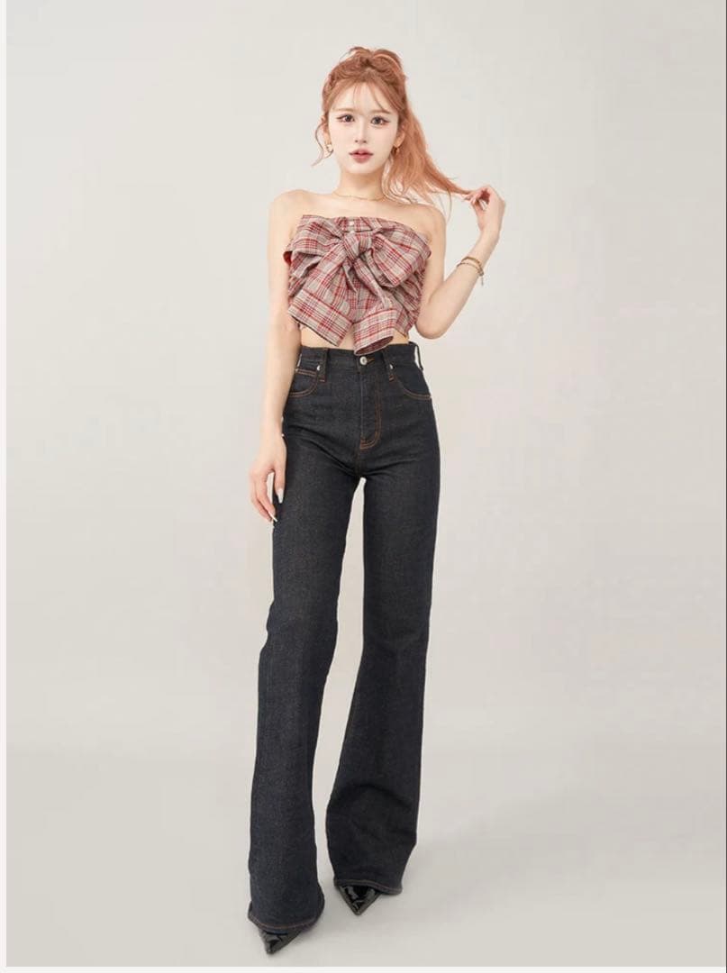 未使用タグ付きダーリッチ　タータンチェックリボンベアトップ　レッド