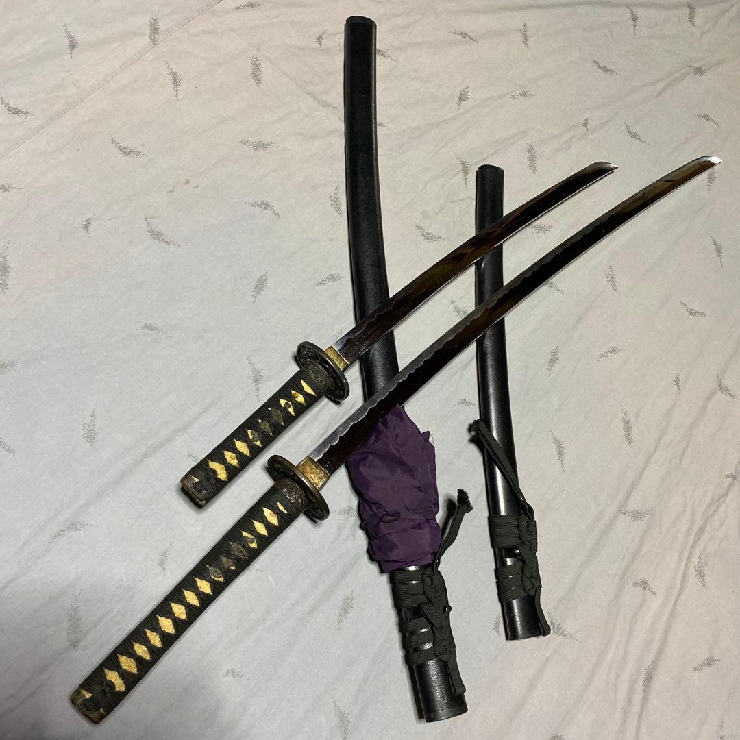 模造刀大(刀袋付)小2本 黒柄 雲龍楕円鍔 黒梨地鞘