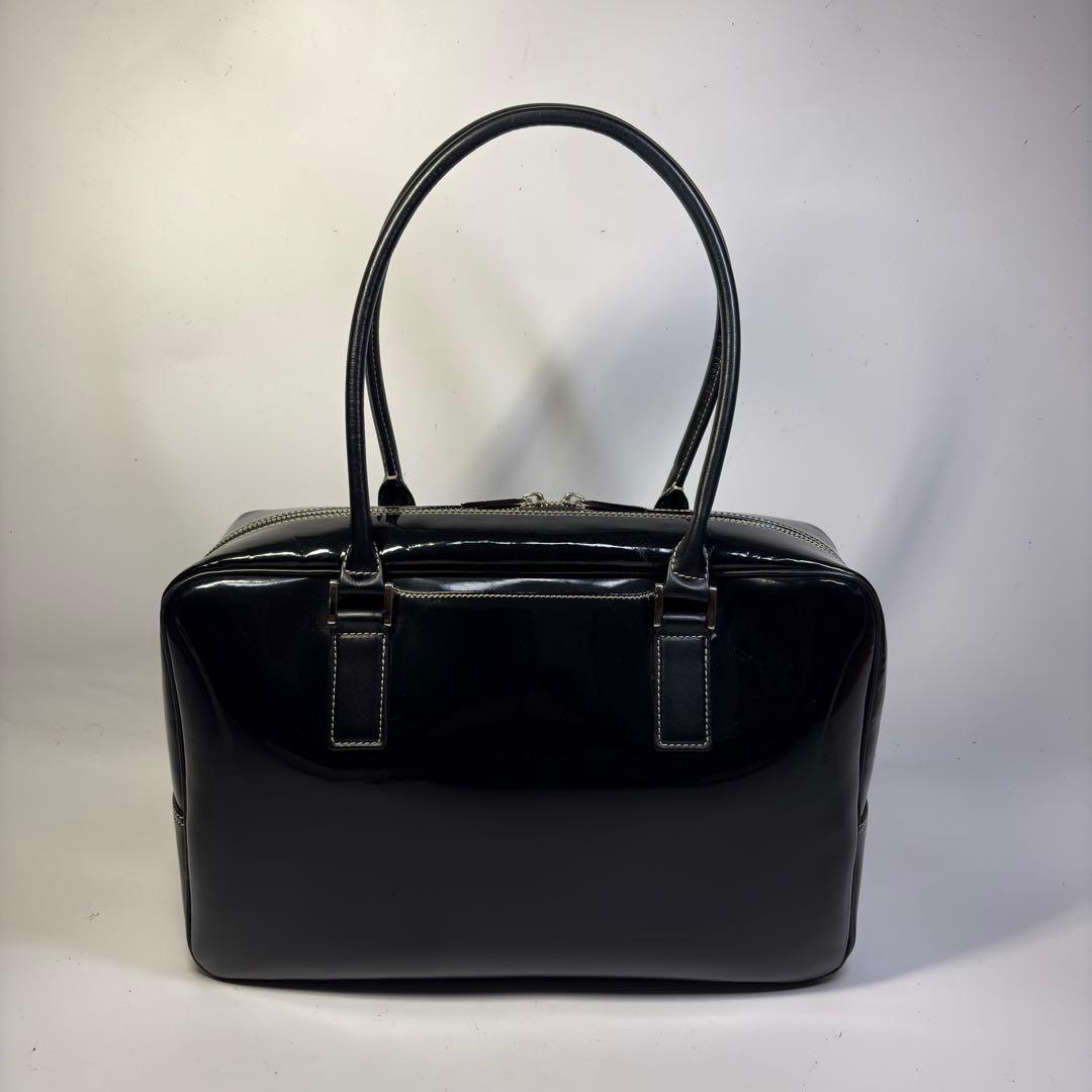 極美品濱野 ハマノ ハンドバッグ セレブボストン エナメル加工 肩掛けブラック