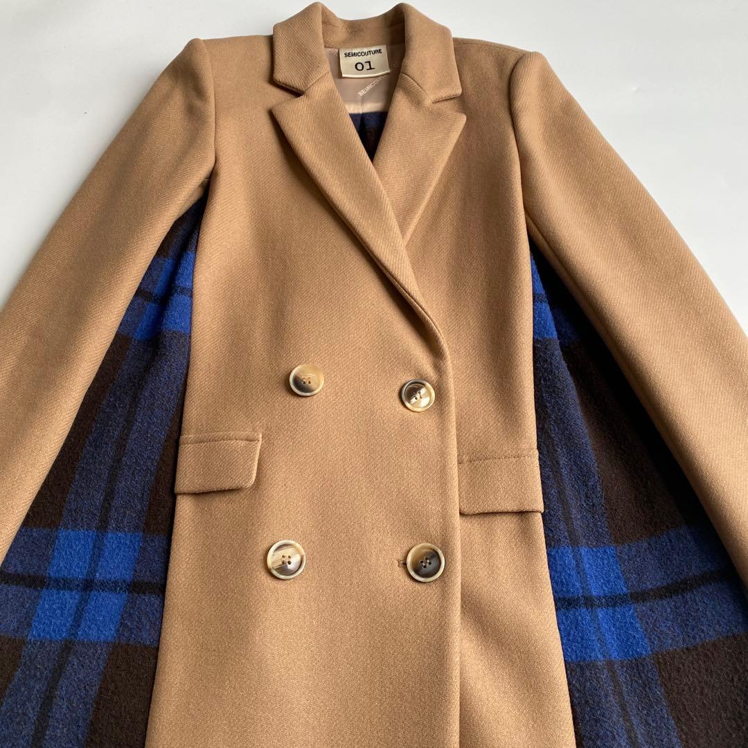 セミクチュール ダブルブレストチェスターコート チェック 青 ブルー ドッキング