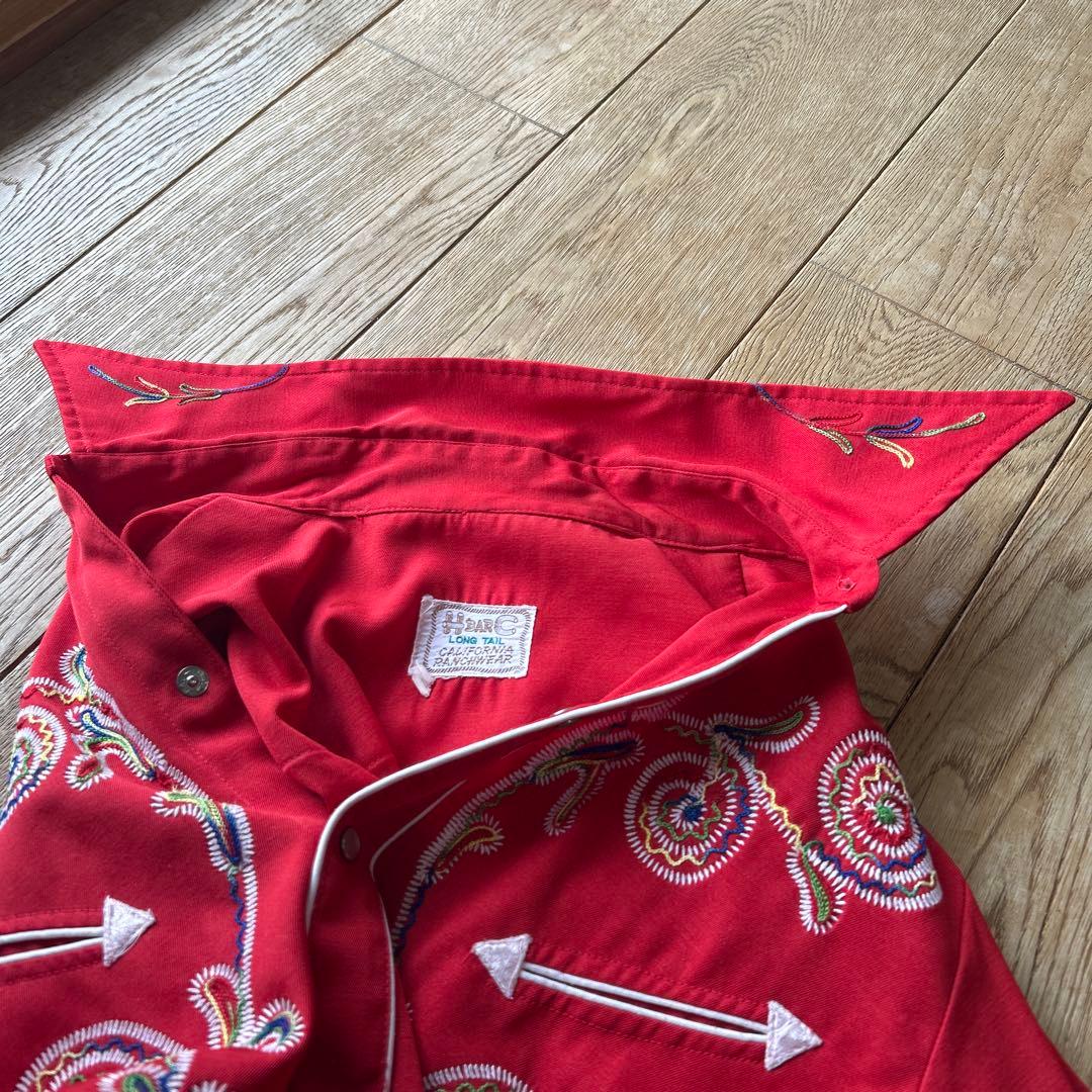 70's H BAR C ウエスタンシャツ　M レッド　刺繍