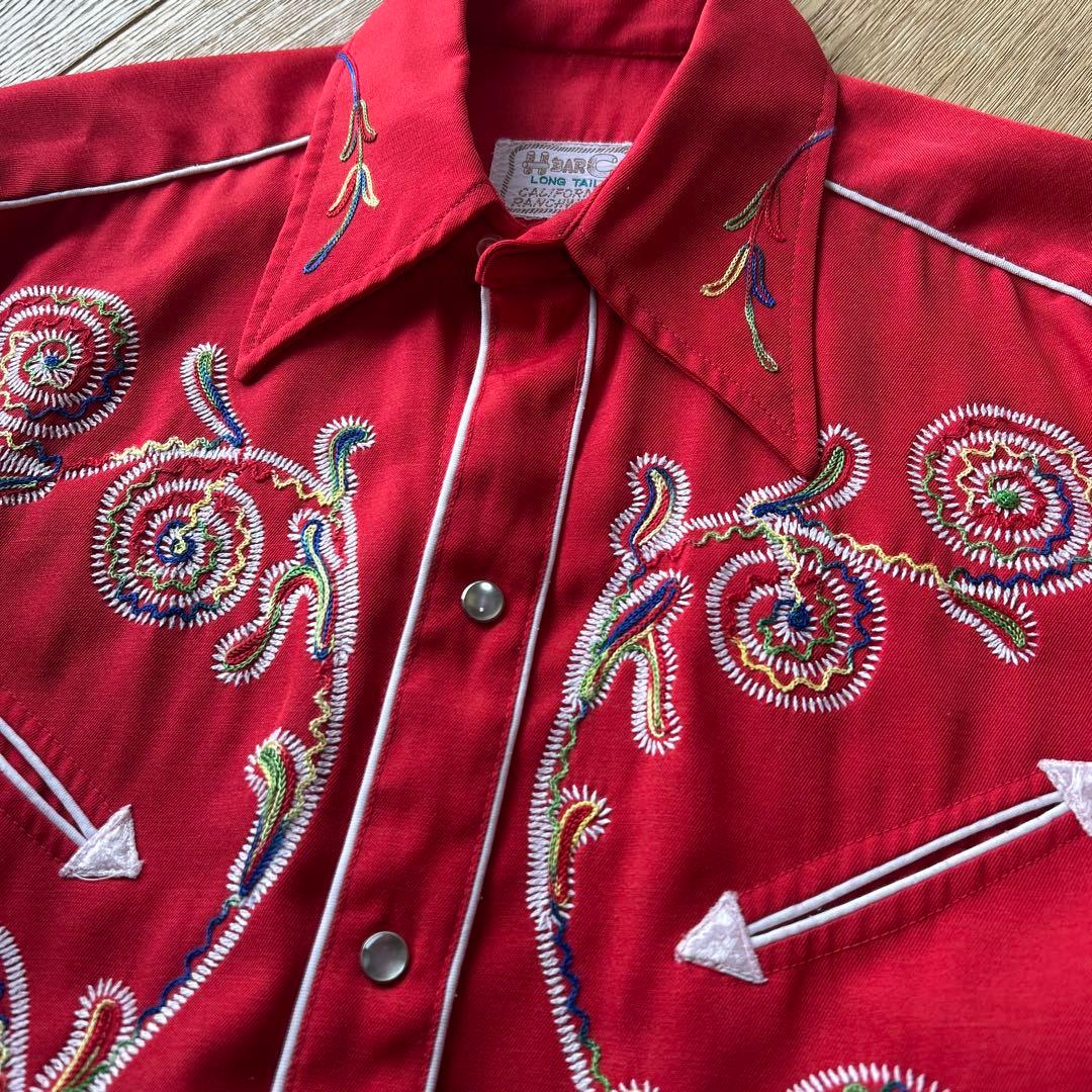 70's H BAR C ウエスタンシャツ　M レッド　刺繍