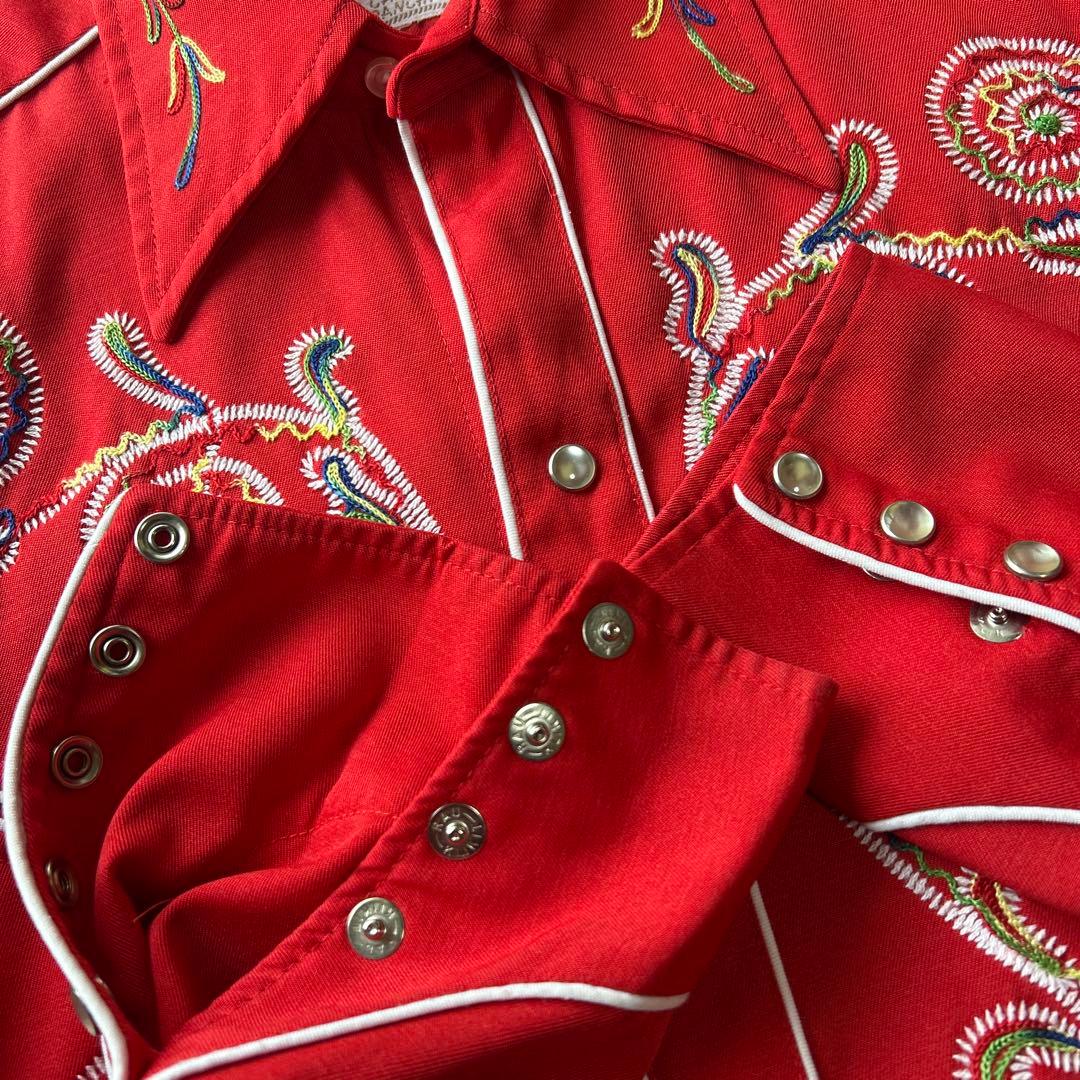 70's H BAR C ウエスタンシャツ　M レッド　刺繍