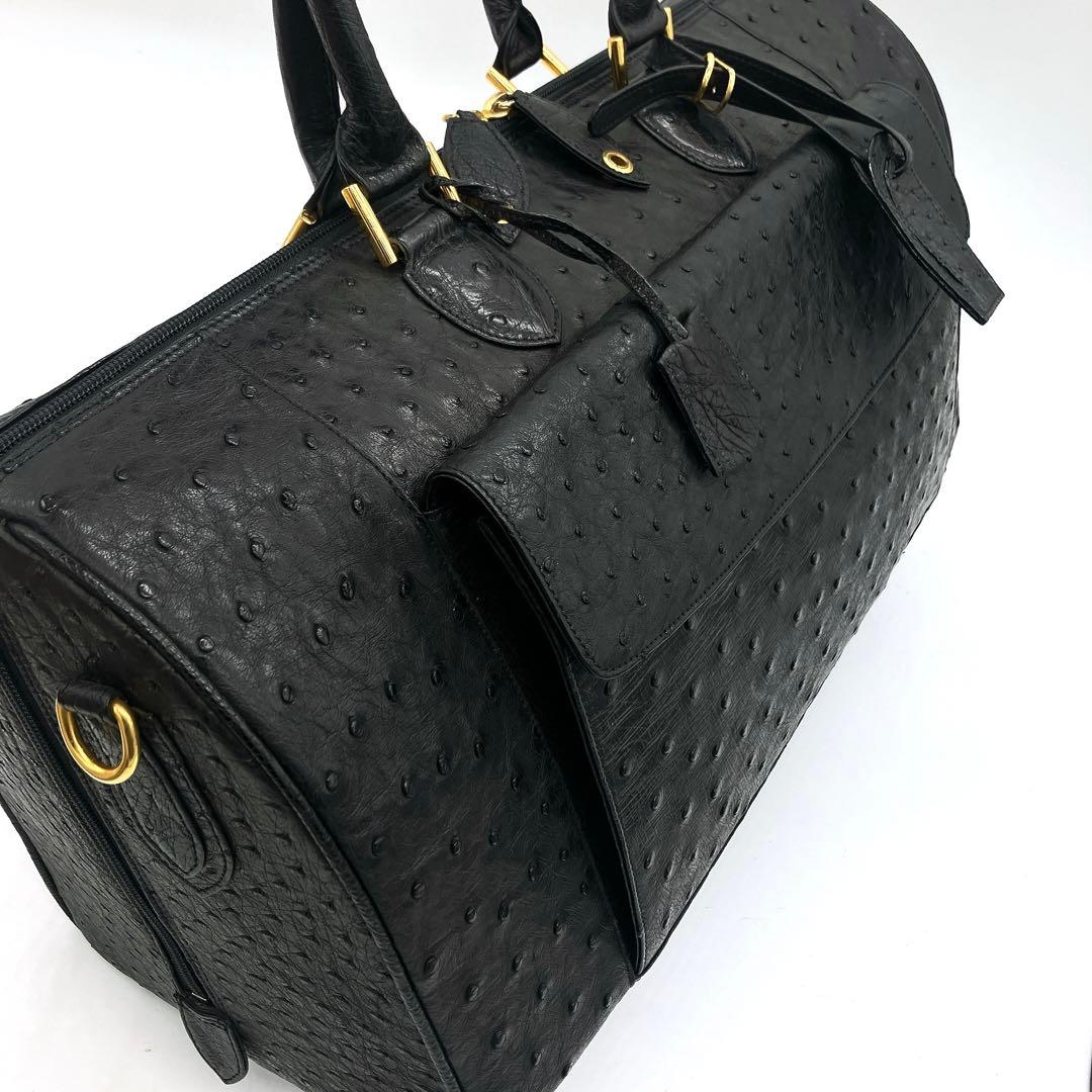 極美品　大型【オーストリッチ本革】ボストンバッグ　ゴールド金具　ブラック