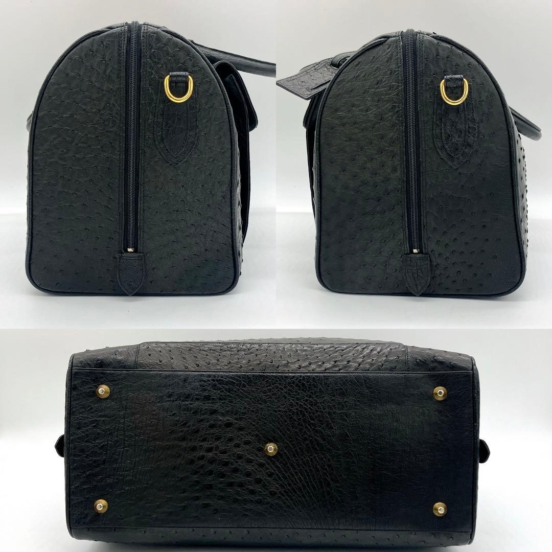 極美品　大型【オーストリッチ本革】ボストンバッグ　ゴールド金具　ブラック