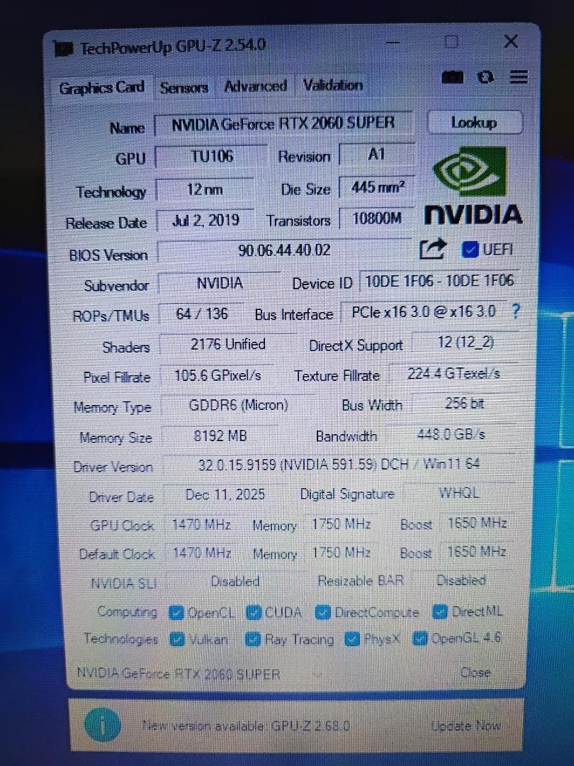 グラフィックボード Palit RTX2060SUPER VRAM8GB 中古