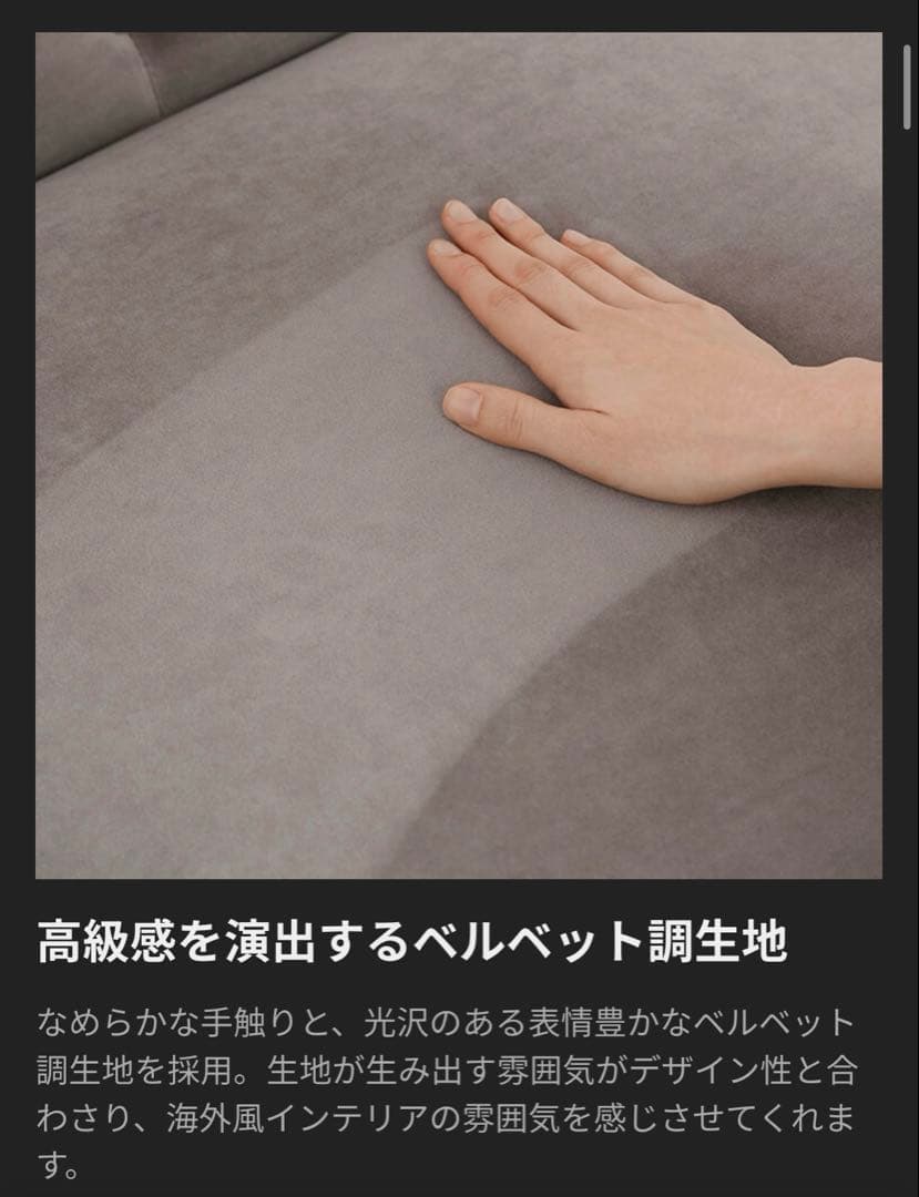 LOWYA ロウヤ ソファ 2人掛け カウチソファ ベルベット調 グレー