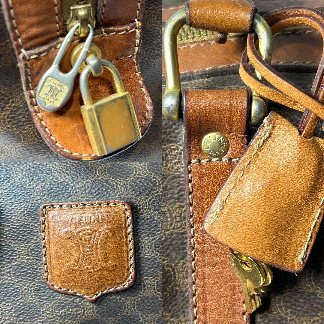 【美品】セリーヌ マカダム ボストンバッグ PVC レザー ロゴ金具 南京錠 鍵