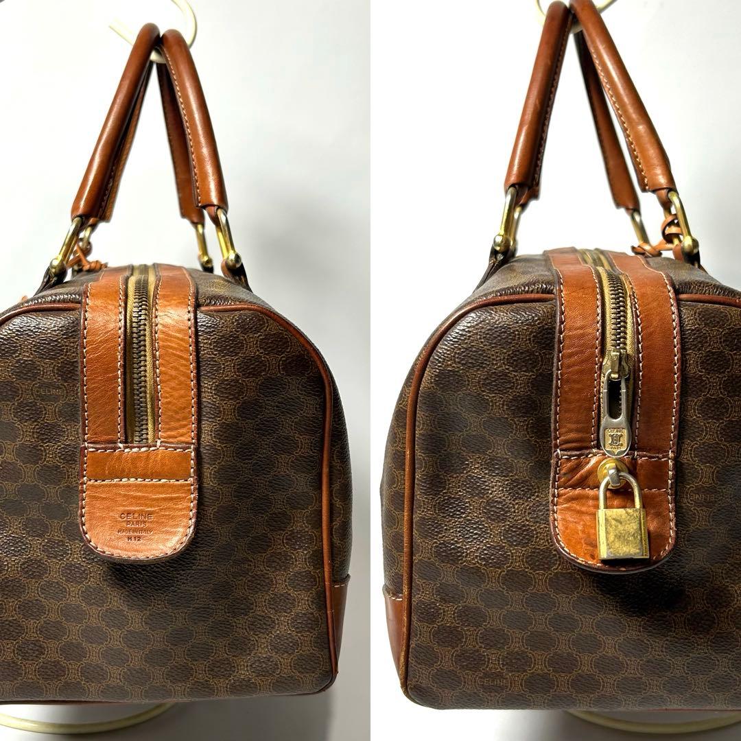 【美品】セリーヌ マカダム ボストンバッグ PVC レザー ロゴ金具 南京錠 鍵