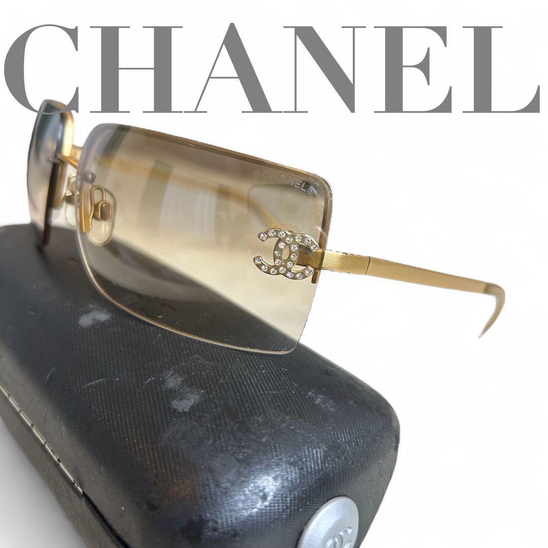 美品 シャネル ココマーク ラインストーン リムレス サングラス 4092-b