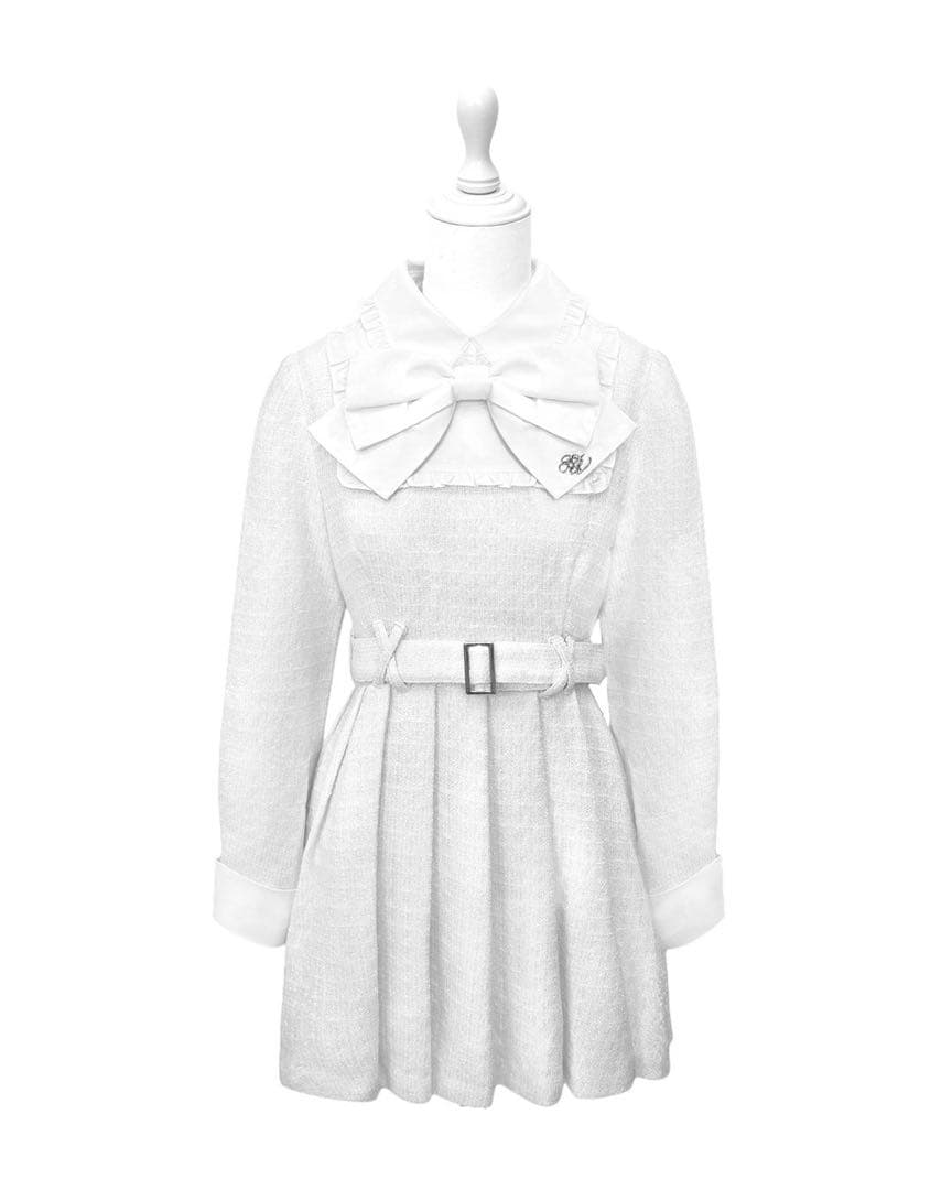 ハニーミュウ ビッグリボンツイードプリーツワンピース　ホワイト