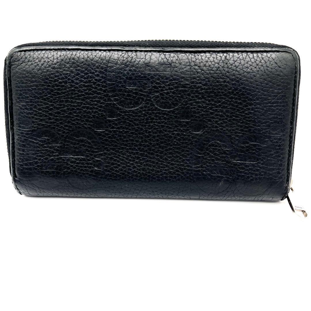 【美品】GUCCI ラウンドファスナー　エンボス　ジャンボＧＧ　ブラック