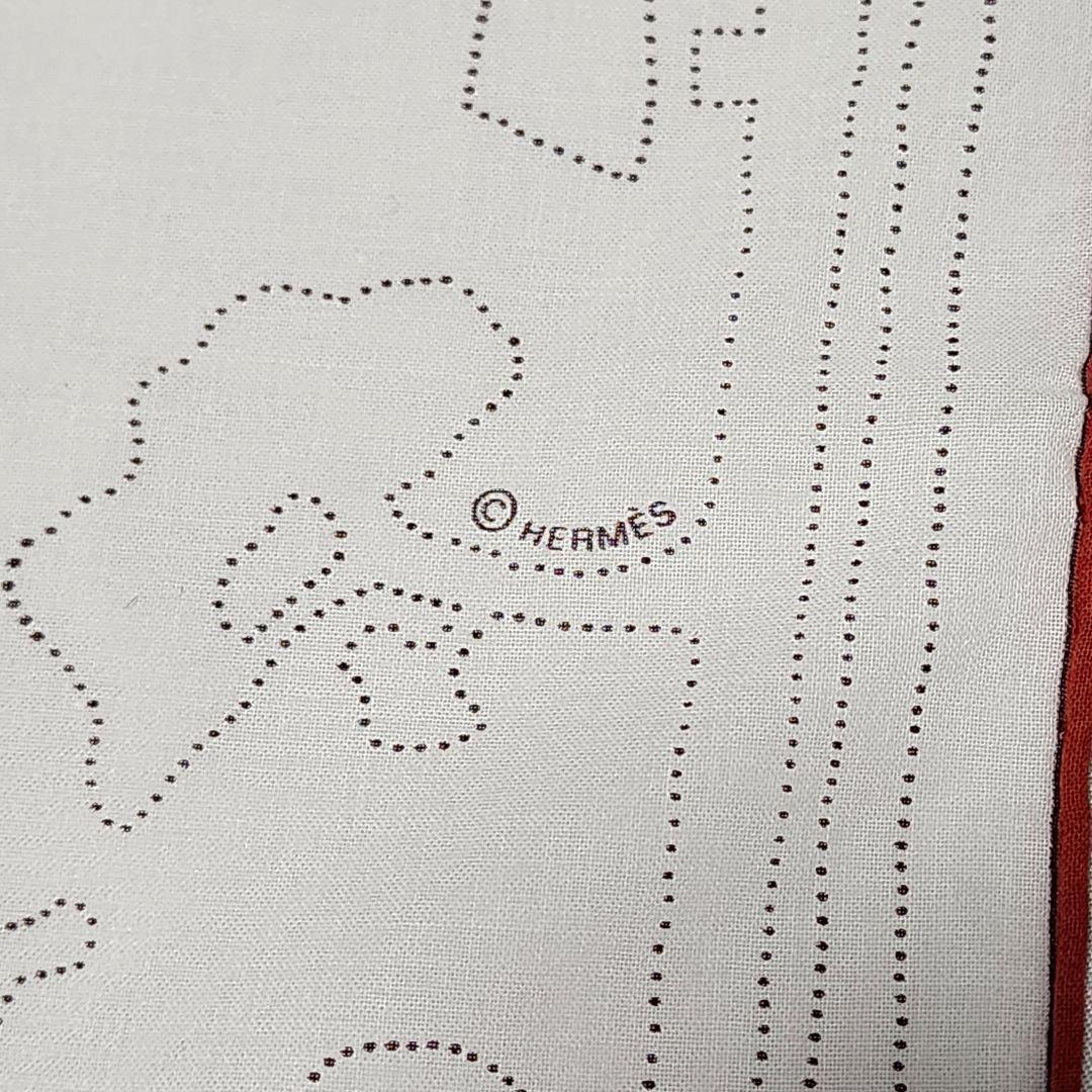 ☆HERMES☆ ハンカチ 馬車 木 家 点描 綿100％ ホワイト レッド