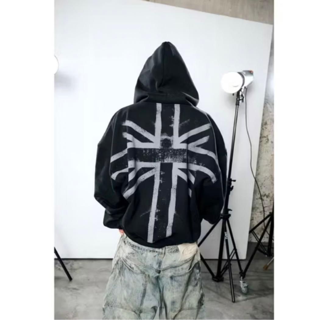 Blish stu ブラック フード付き パーカー ユニオンジャック