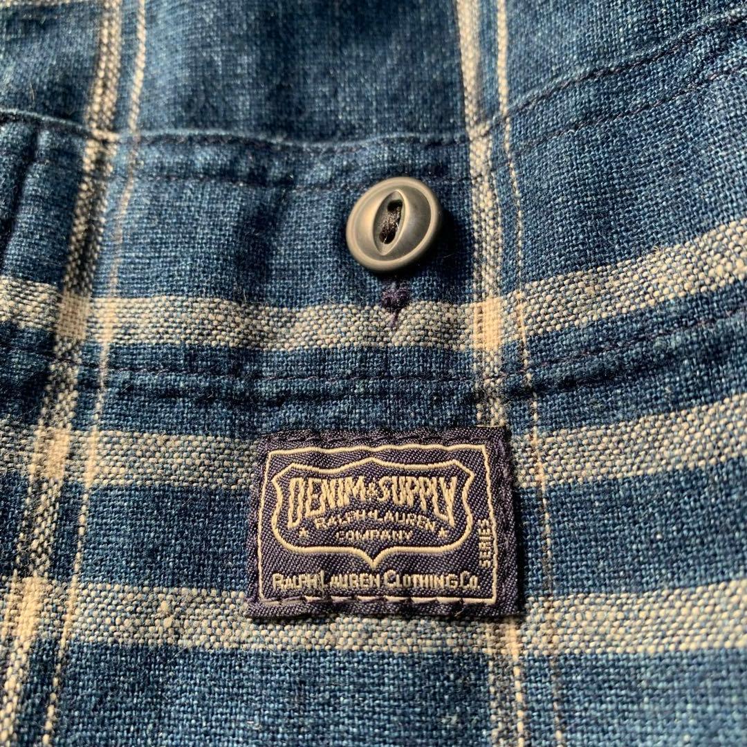 D&S ラルフローレン コットンリネン インディゴ ワークシャツ 猫目ボタン