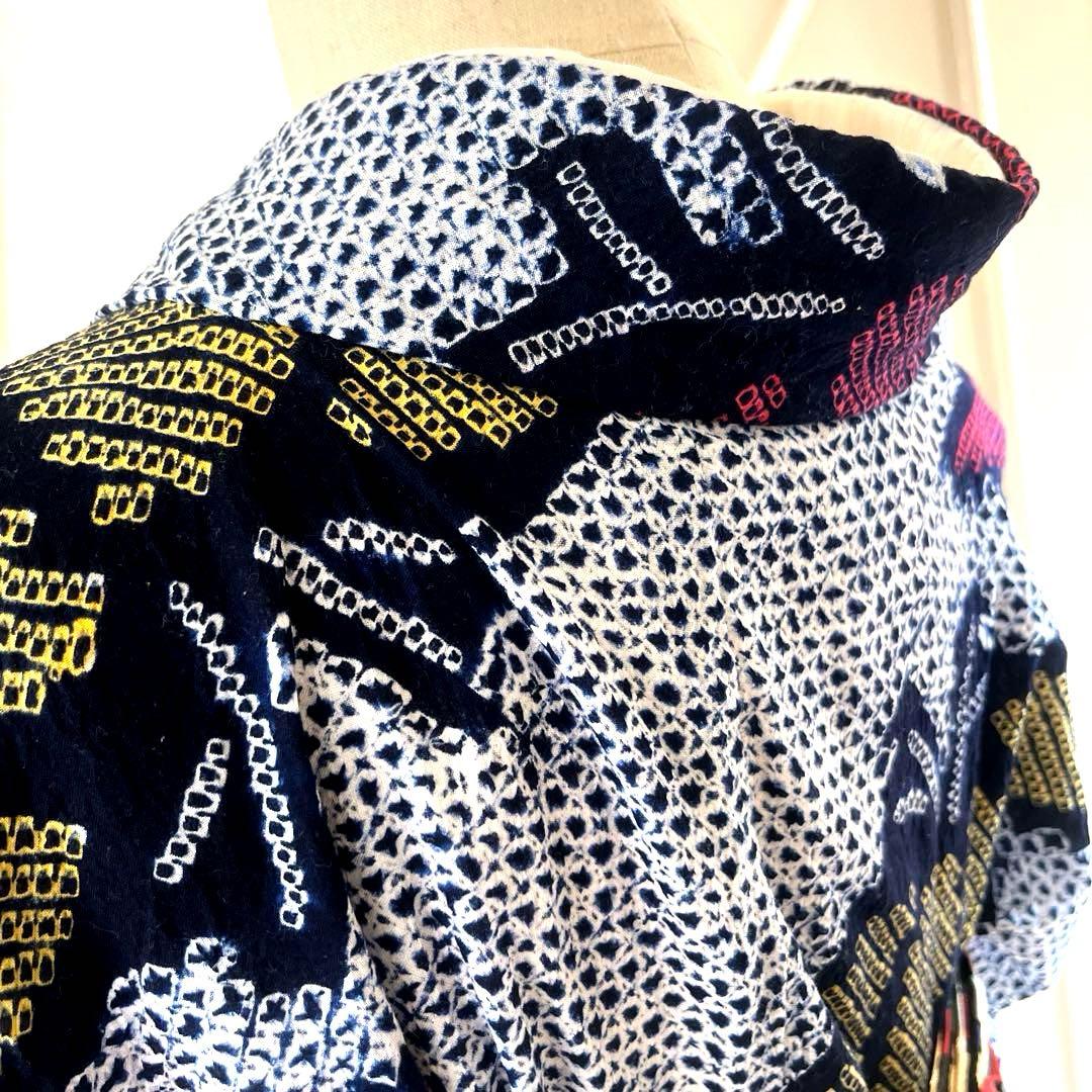 有松鳴海絞り夏着物 浴衣 大輪花繋ぎ菖蒲柄 洗い済み