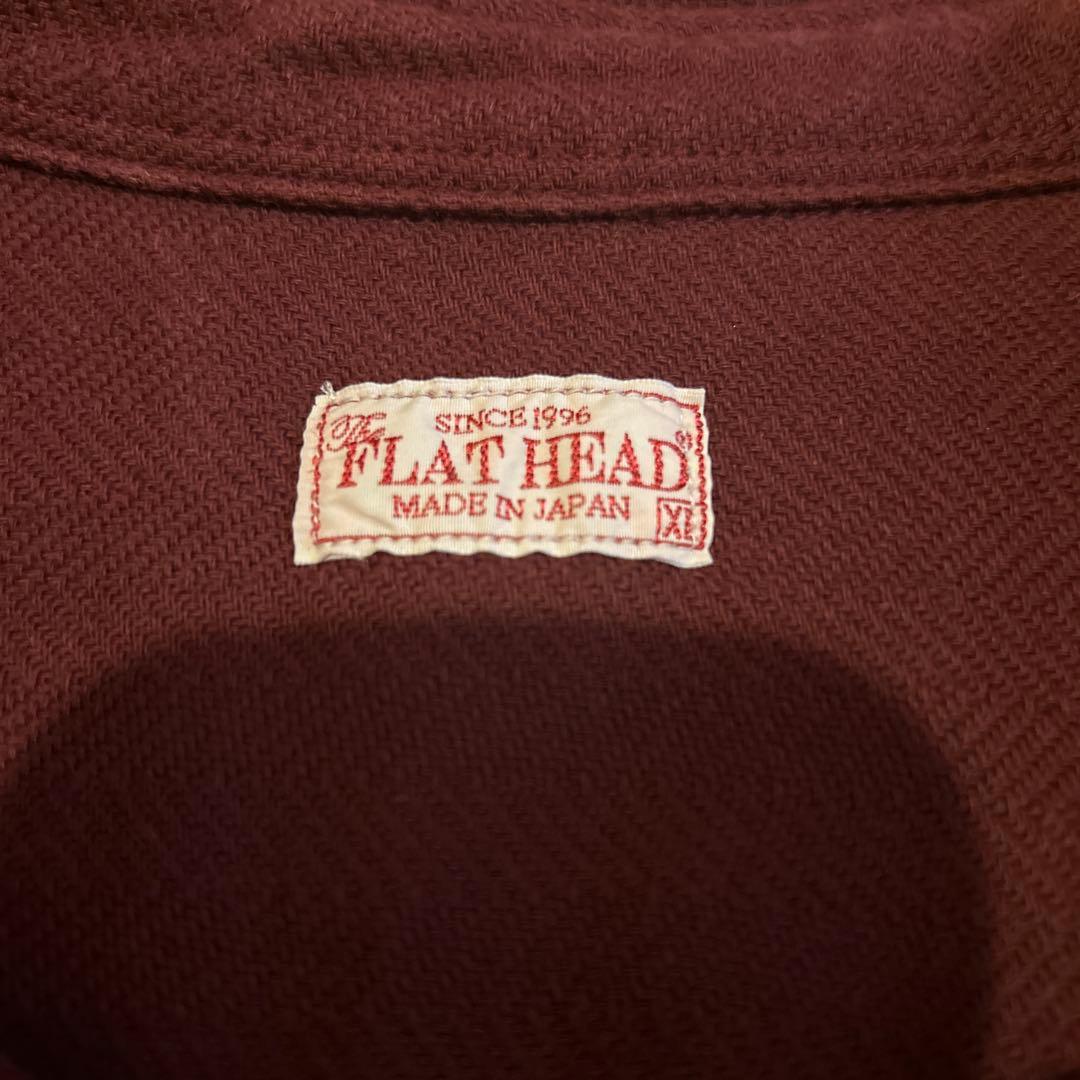 FLAT HEAD バーガンディ ヘリンボーン長袖シャツ　サイズXL