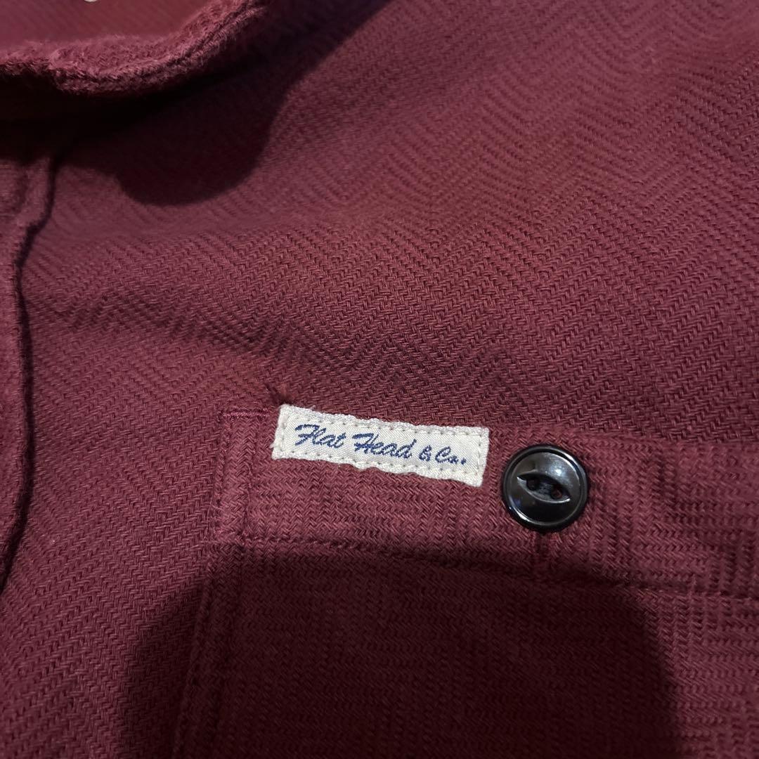 FLAT HEAD バーガンディ ヘリンボーン長袖シャツ　サイズXL