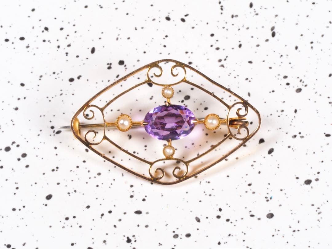 アメジスト　シードパール　9金　ブローチ　エドワーディアン期　刻印