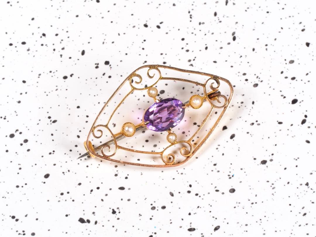 アメジスト　シードパール　9金　ブローチ　エドワーディアン期　刻印