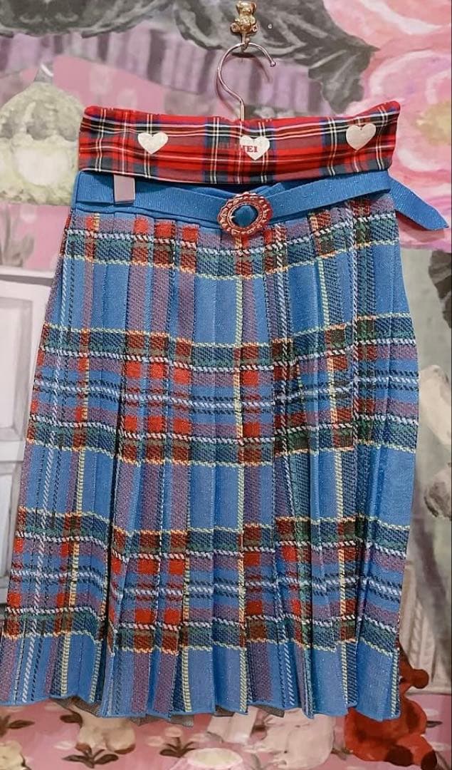 新品タグ付き HEIHEI ラメニットプリーツチェックスカート　ブルー