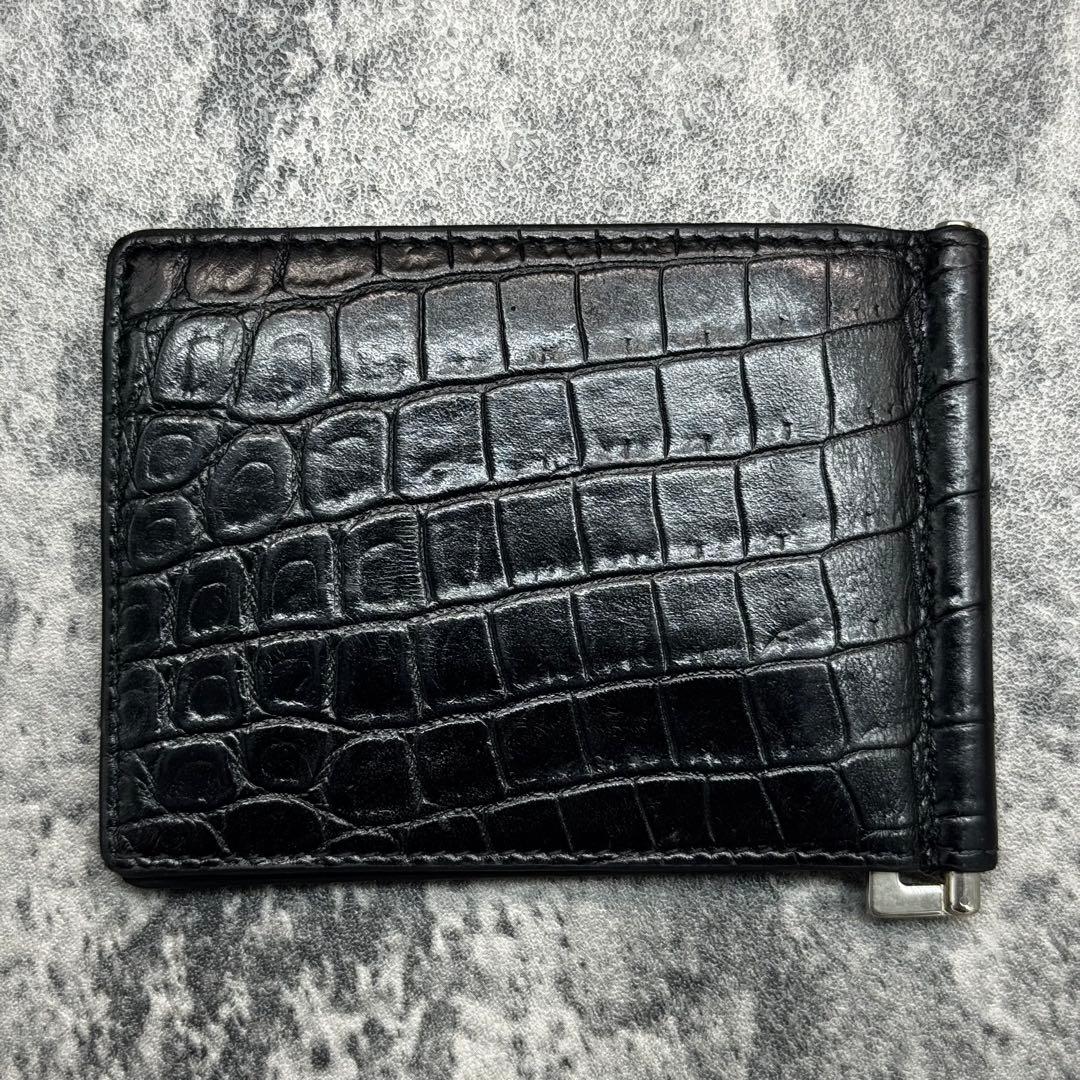 極美品✨サンローラン マネークリップ クロコ 折り財布 プリントロゴ 黒