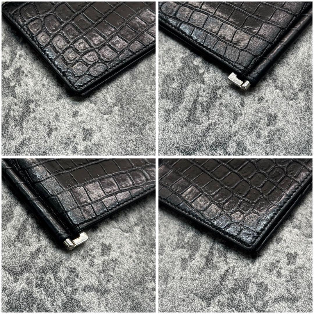 極美品✨サンローラン マネークリップ クロコ 折り財布 プリントロゴ 黒