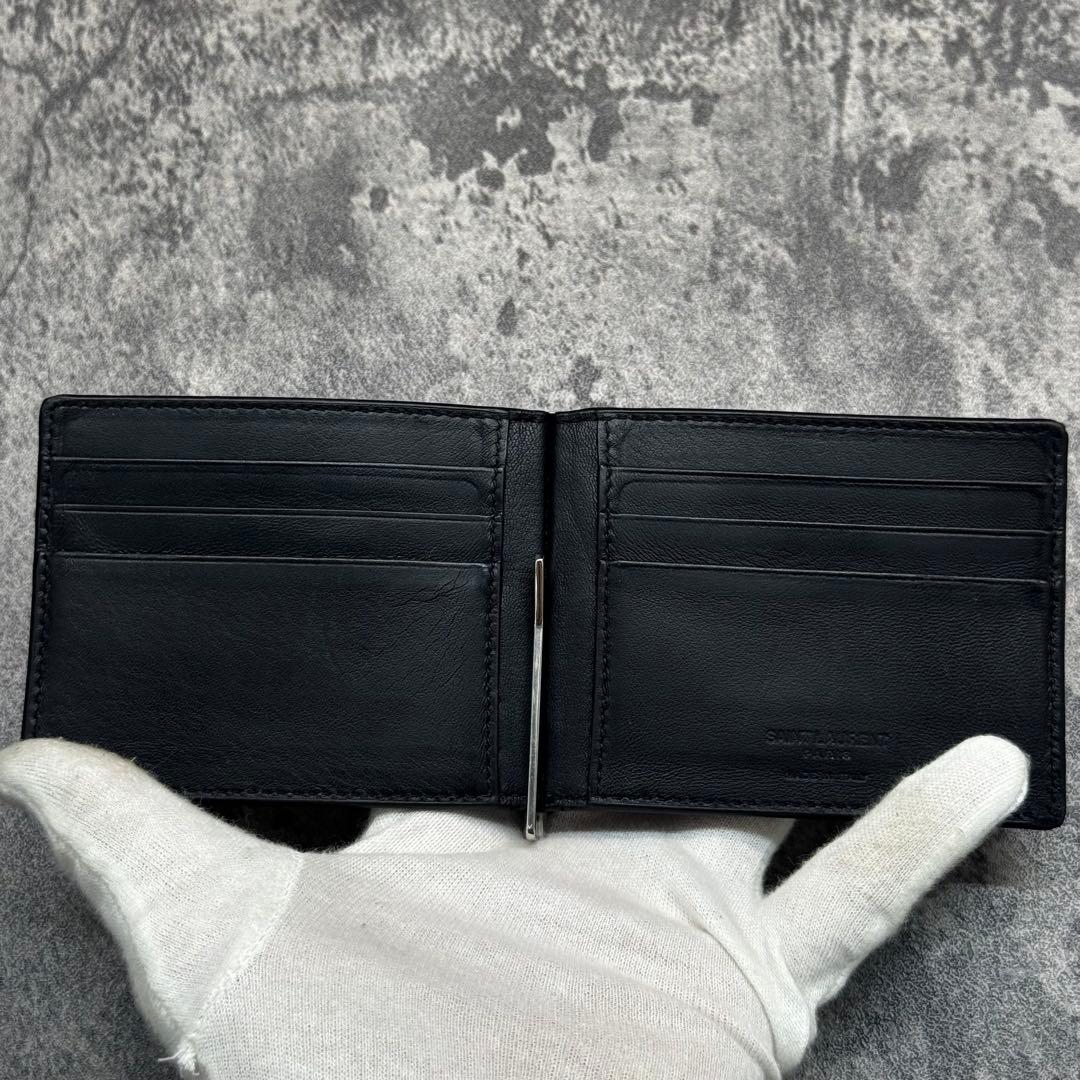 極美品✨サンローラン マネークリップ クロコ 折り財布 プリントロゴ 黒