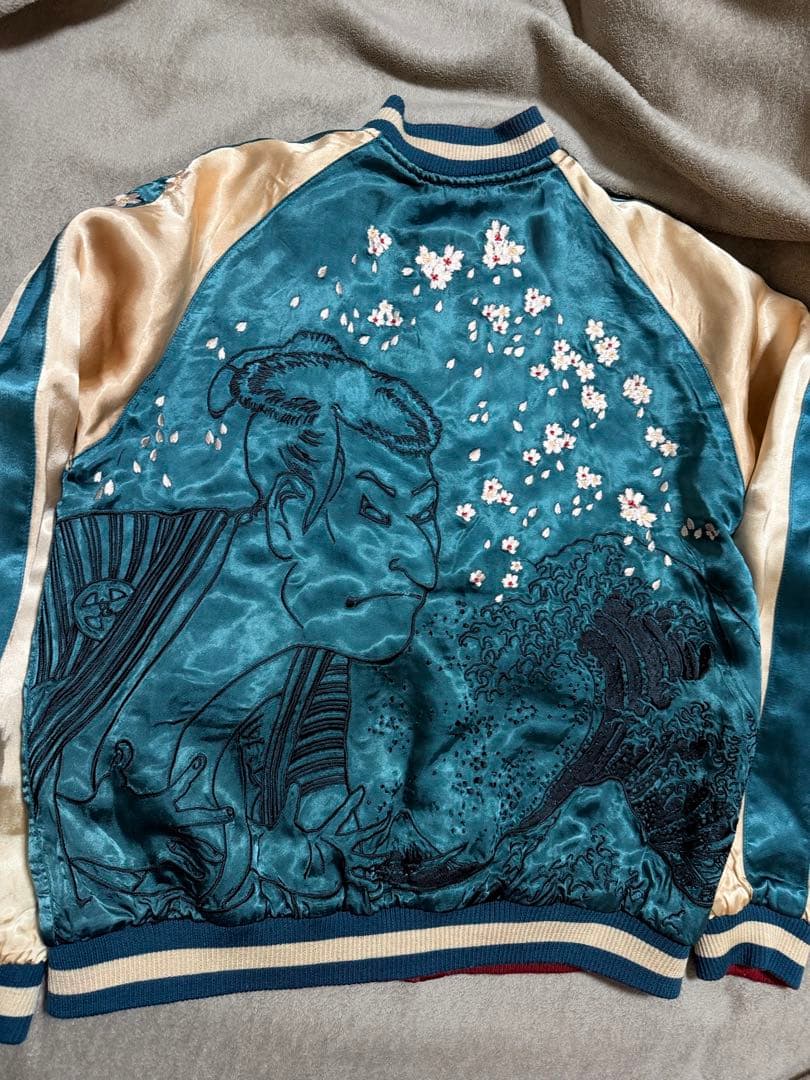 美品 ２面用 Japan 百花繚乱 風神 ワシ 桜 日本 スカジャン レーヨン