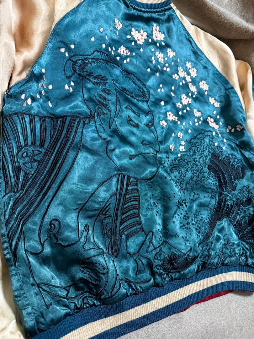 美品 ２面用 Japan 百花繚乱 風神 ワシ 桜 日本 スカジャン レーヨン