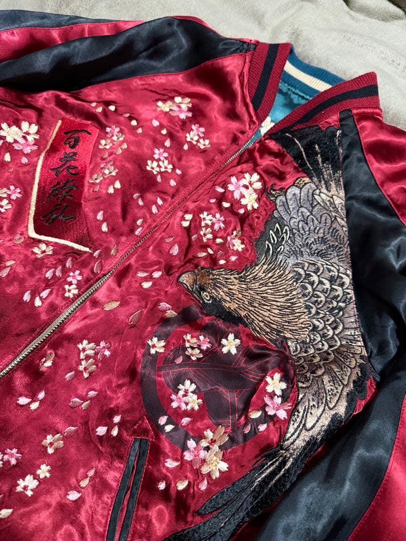 美品 ２面用 Japan 百花繚乱 風神 ワシ 桜 日本 スカジャン レーヨン