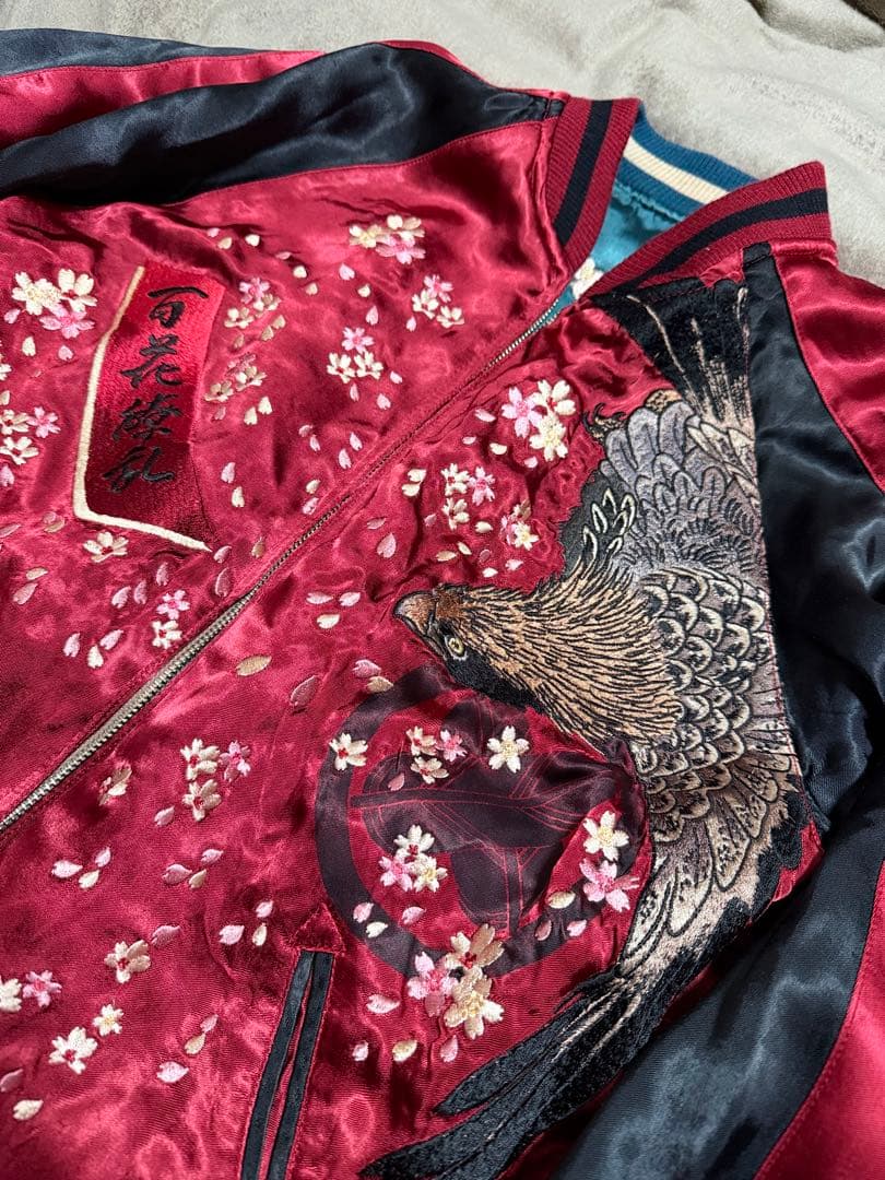 美品 ２面用 Japan 百花繚乱 風神 ワシ 桜 日本 スカジャン レーヨン