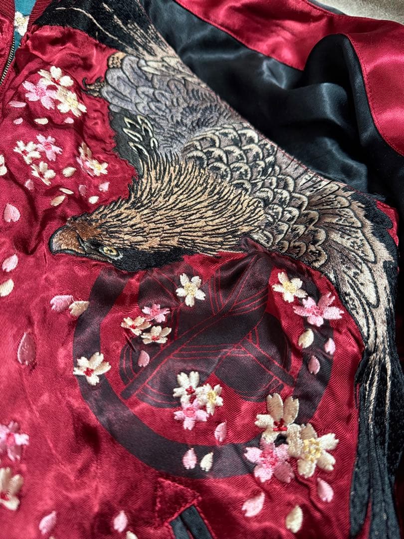 美品 ２面用 Japan 百花繚乱 風神 ワシ 桜 日本 スカジャン レーヨン