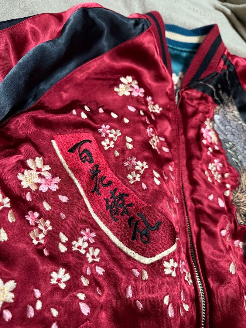 美品 ２面用 Japan 百花繚乱 風神 ワシ 桜 日本 スカジャン レーヨン