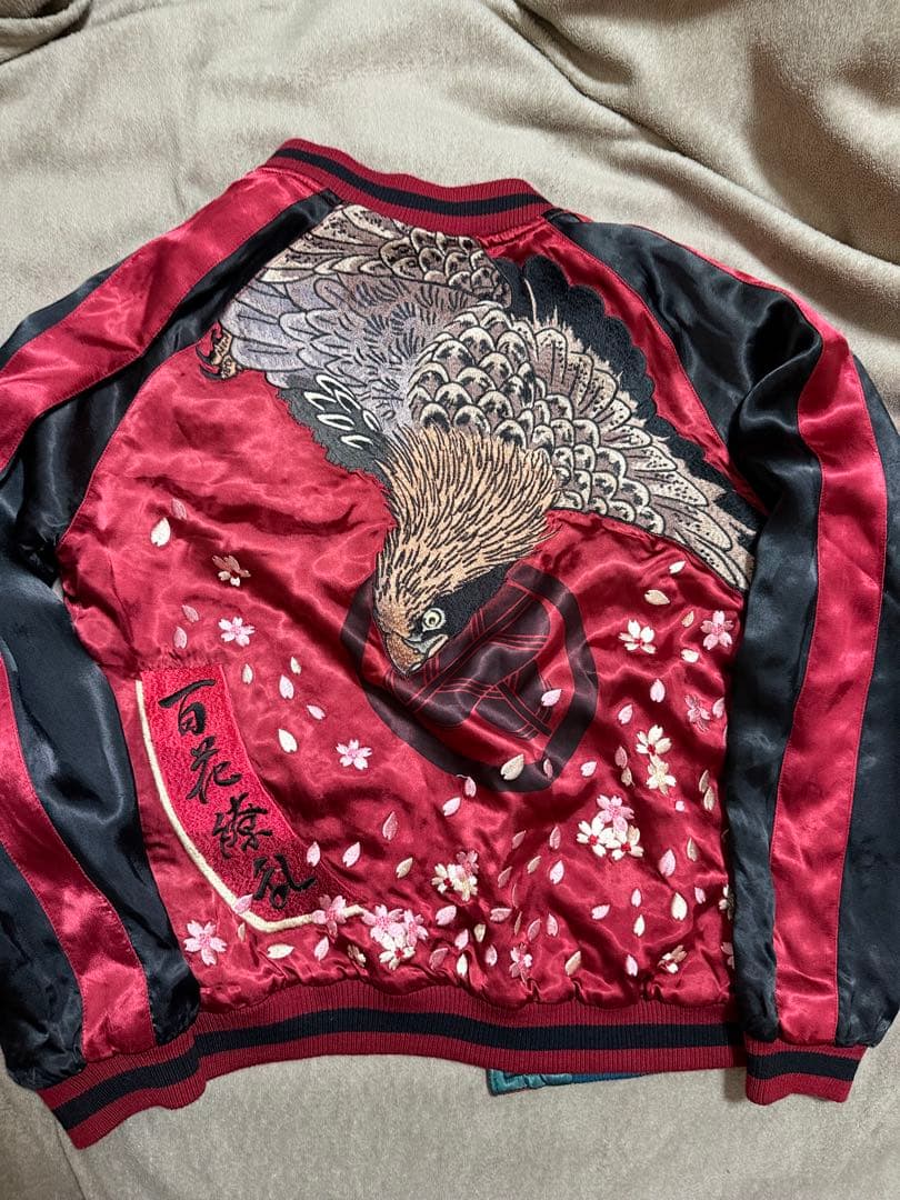 美品 ２面用 Japan 百花繚乱 風神 ワシ 桜 日本 スカジャン レーヨン