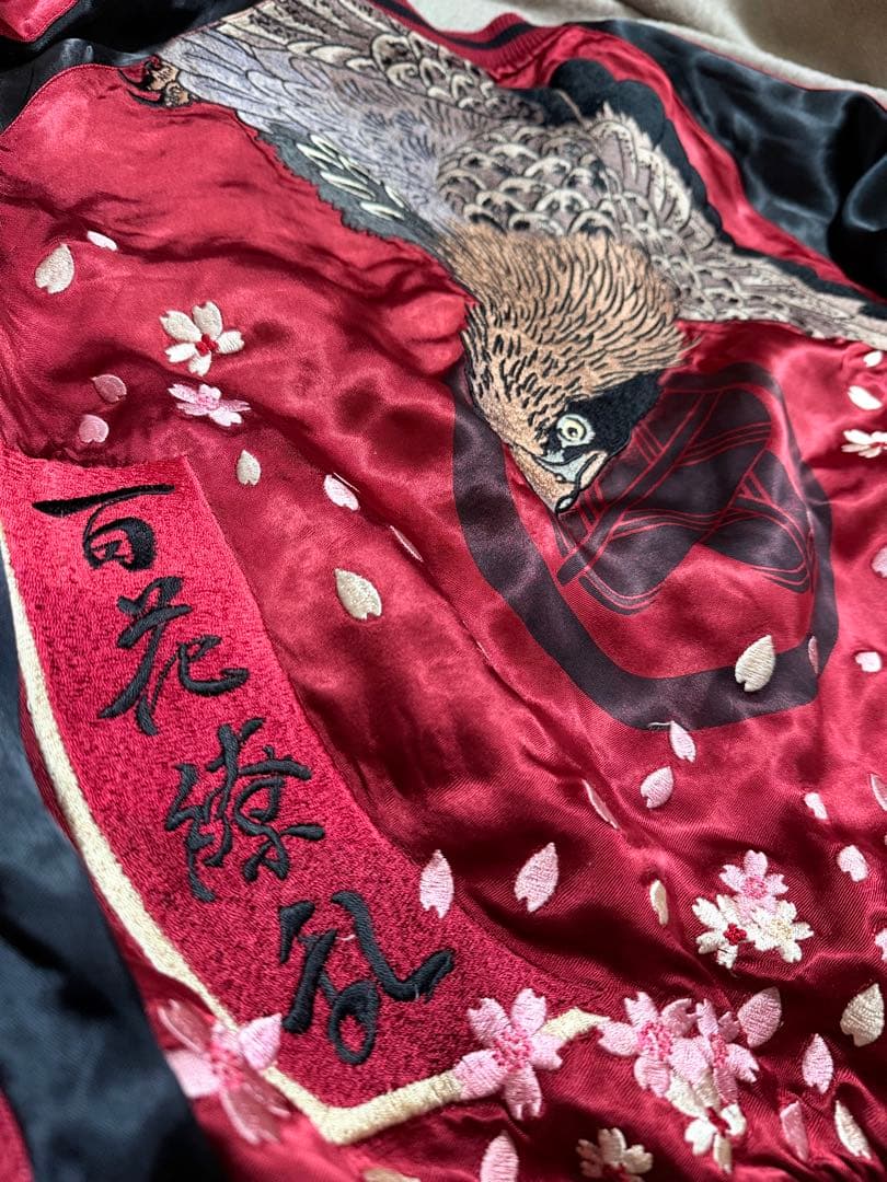 美品 ２面用 Japan 百花繚乱 風神 ワシ 桜 日本 スカジャン レーヨン