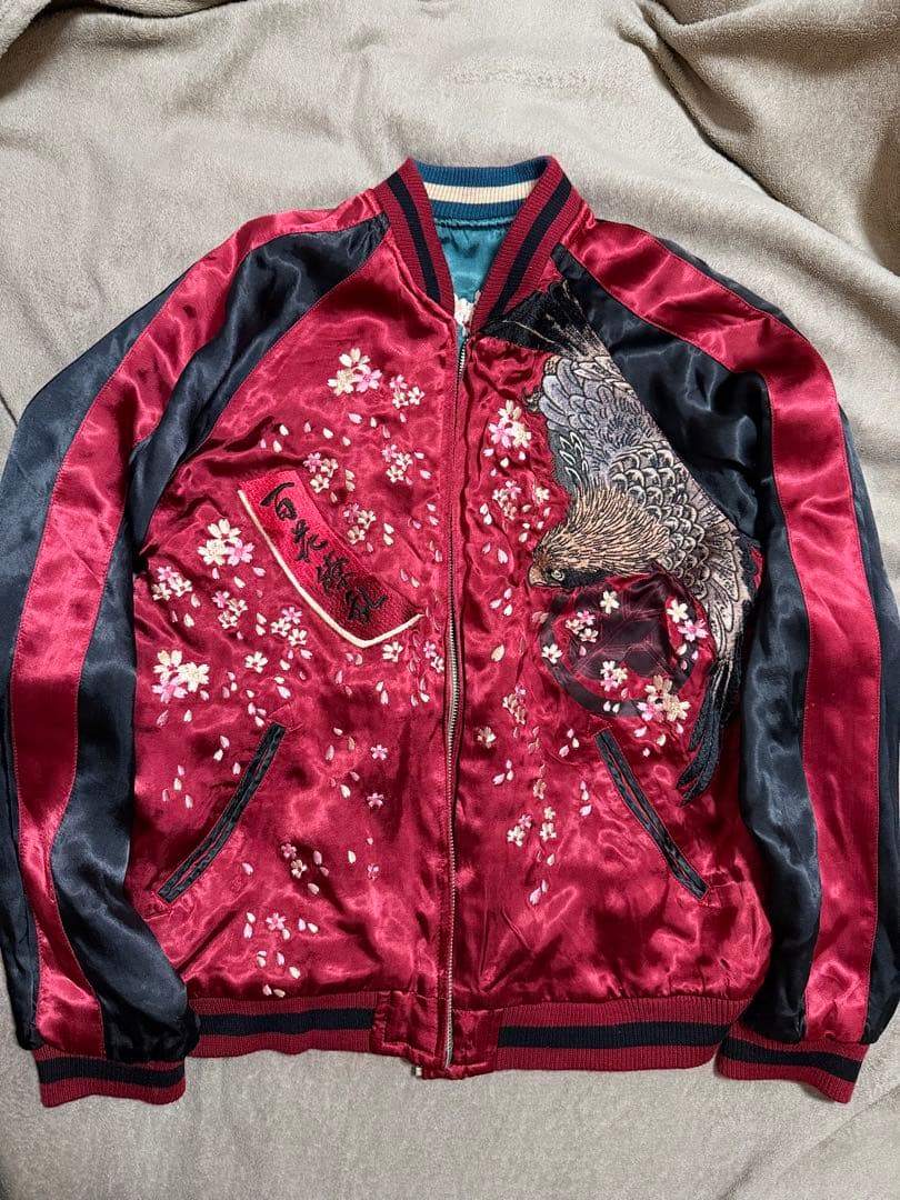 美品 ２面用 Japan 百花繚乱 風神 ワシ 桜 日本 スカジャン レーヨン