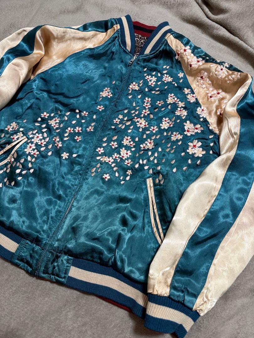 美品 ２面用 Japan 百花繚乱 風神 ワシ 桜 日本 スカジャン レーヨン