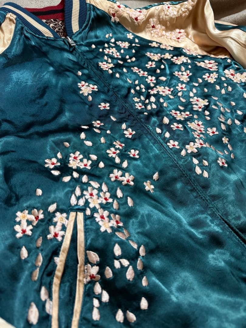 美品 ２面用 Japan 百花繚乱 風神 ワシ 桜 日本 スカジャン レーヨン