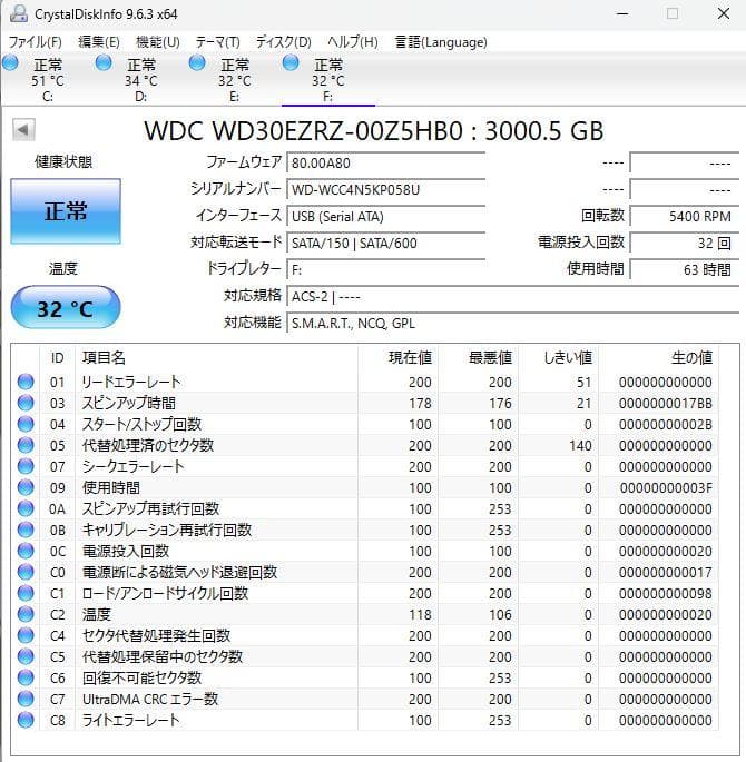 【中古品】3.5インチHDD　3TB×2台 使用時間70時間未満