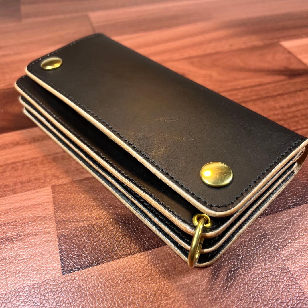 【トラッカーウォレット ロング 3層】 ブラック 姫路レザーゴールド