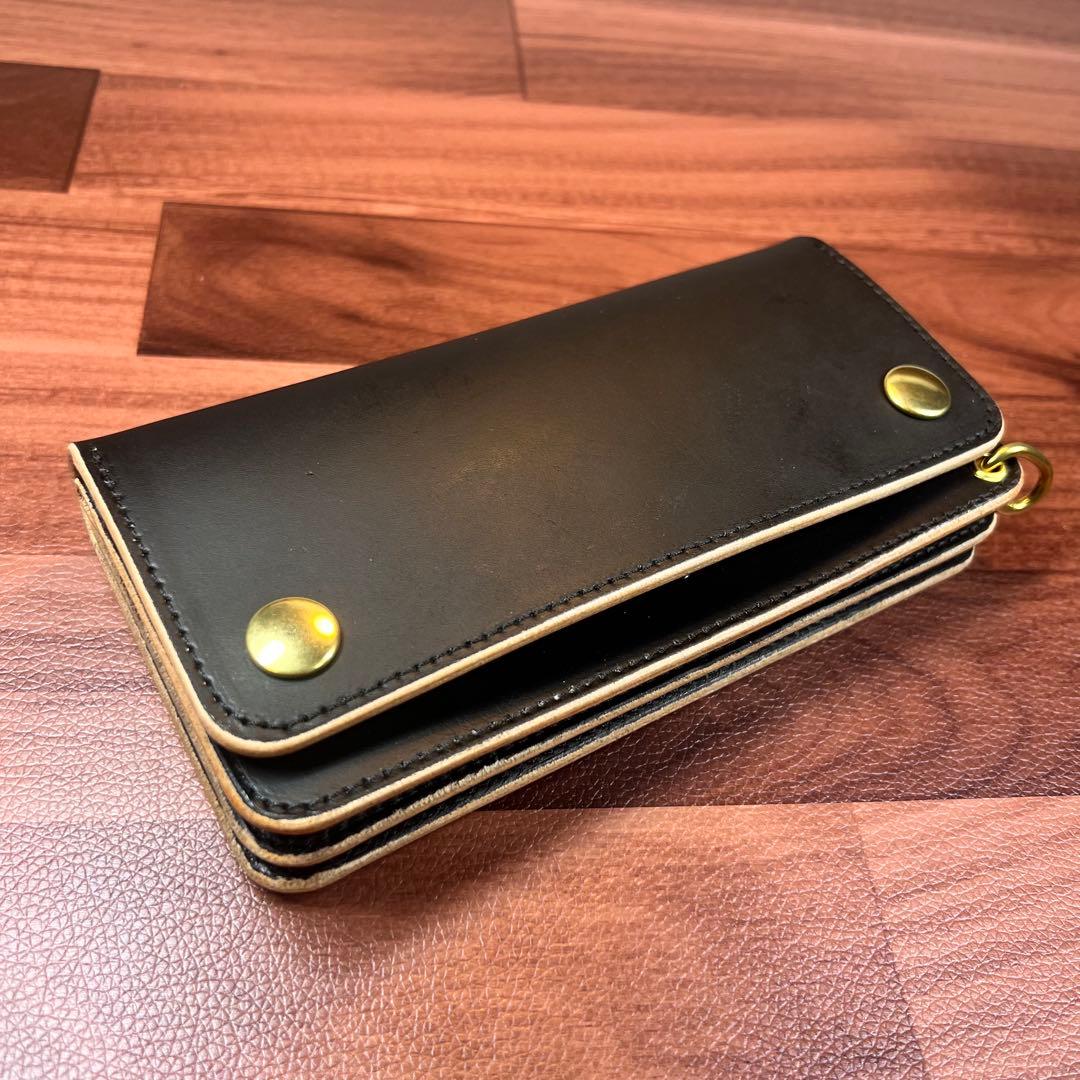 【トラッカーウォレット ロング 3層】 ブラック 姫路レザーゴールド