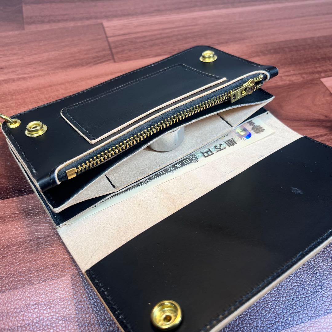 【トラッカーウォレット ロング 3層】 ブラック 姫路レザーゴールド