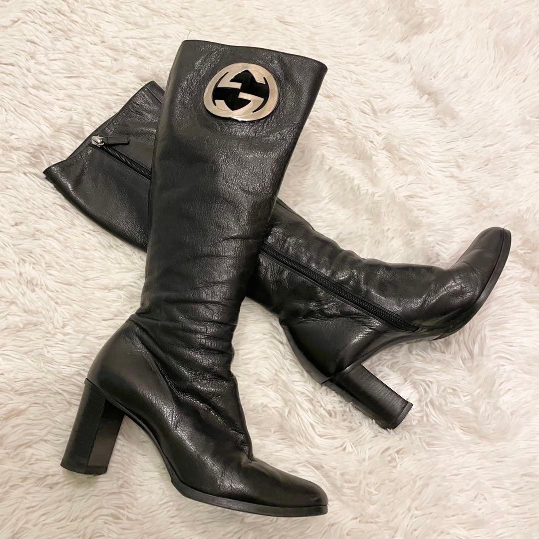 良品 GUCCI グッチ インターロッキング GG ロングブーツ 黒 レザー
