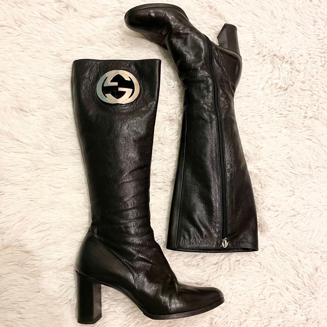 良品 GUCCI グッチ インターロッキング GG ロングブーツ 黒 レザー