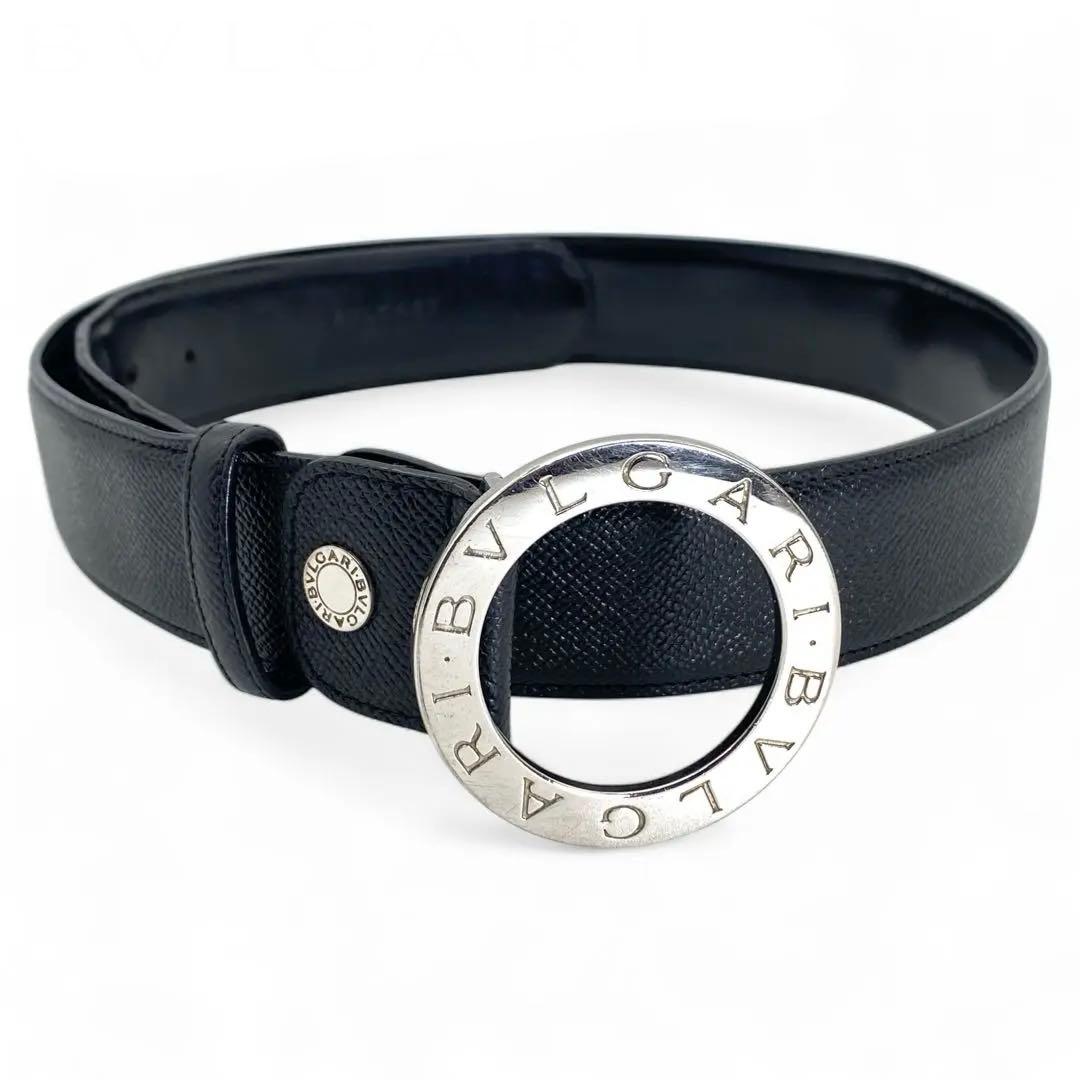 【美品】BVLGARI・ブルガリ・レザーベルト・丸バックル・ロゴ・黒